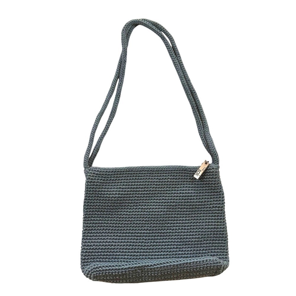 The Sak Crochet Shoulder Bag Slate Blue Gray Knit Zip Top Hobo Purse